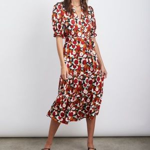 RAILS Small Eliana Pansy Midi Dress Red Floral Tie Puff Sleeve S